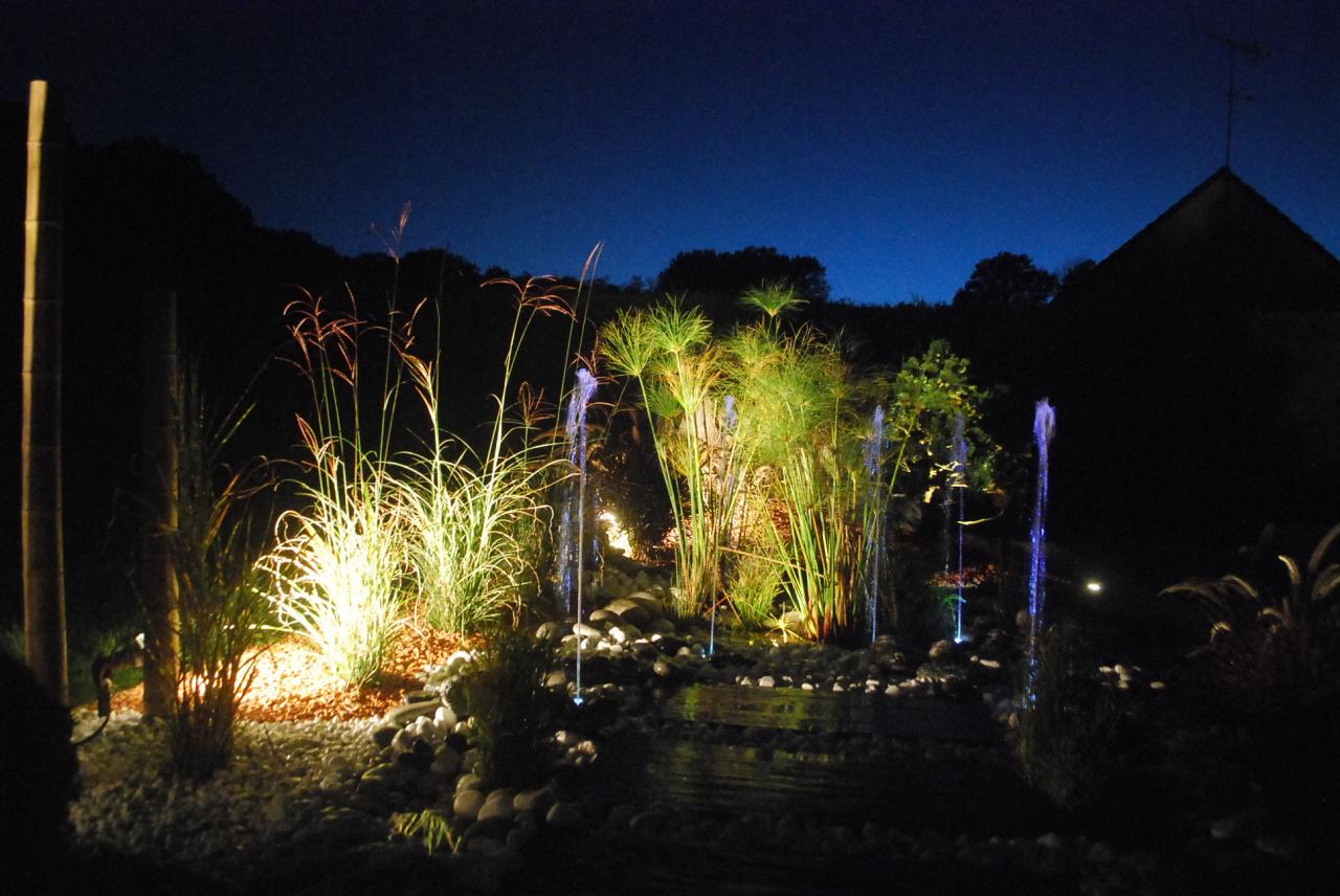 éclairage de jardin, bassin et fontaine