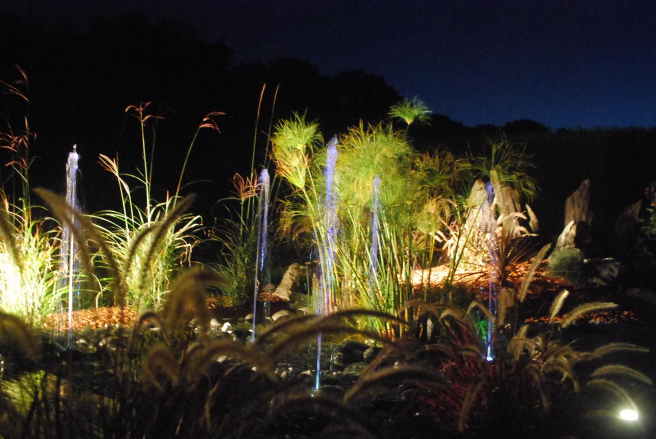 Eclairage, jardin bassin et fontaine